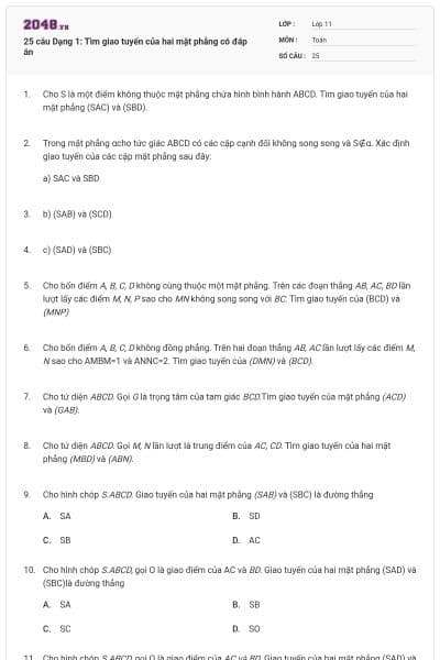 25 câu Dạng 1: Tìm giao tuyến của hai mặt phẳng có đáp án