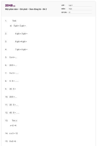 Một phần năm – Giờ phút – Xem đồng hồ - Đề 2