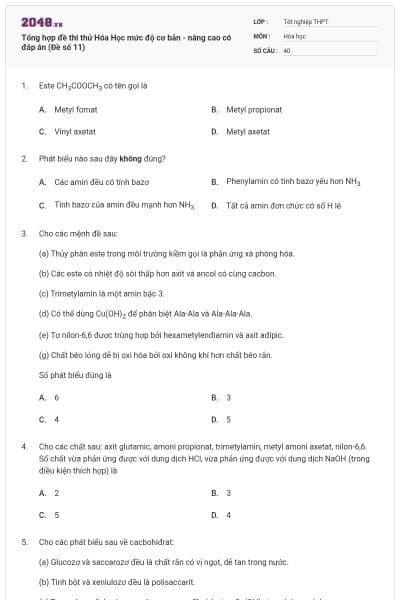 Tổng hợp đề thi thử Hóa Học mức độ cơ bản - nâng cao có đáp án (Đề số 11)