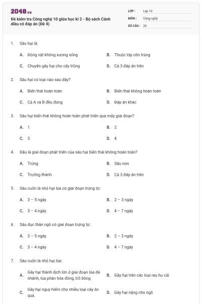 Đề kiểm tra Công nghệ 10 giữa học kì 2 - Bộ sách Cánh diều có đáp án (Đề 4)