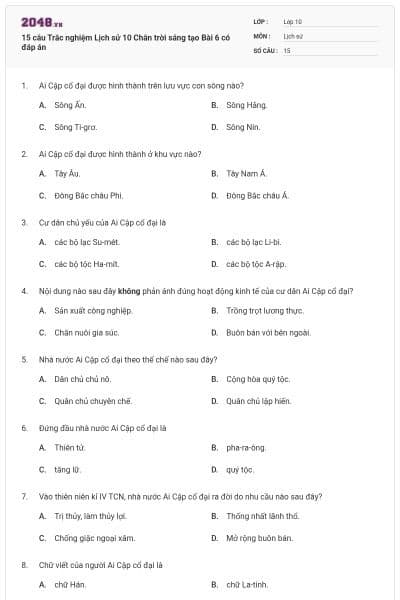 15 câu Trắc nghiệm Lịch sử 10 Chân trời sáng tạo Bài 6 có đáp án