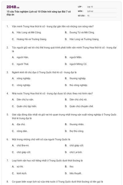 15 câu Trắc nghiệm Lịch sử 10 Chân trời sáng tạo Bài 7 có đáp án