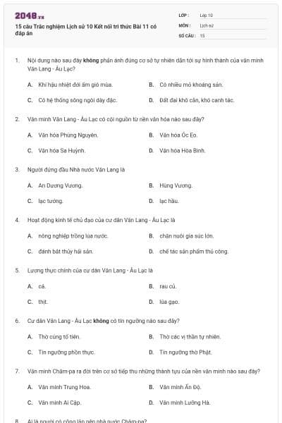 15 câu Trắc nghiệm Lịch sử 10 Kết nối tri thức Bài 11 có đáp án