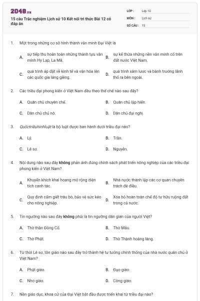 15 câu Trắc nghiệm Lịch sử 10 Kết nối tri thức Bài 12 có đáp án