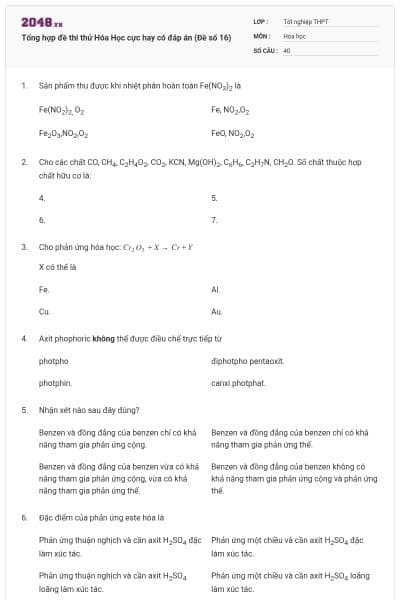 Tổng hợp đề thi thử Hóa Học cực hay có đáp án (Đề số 16)