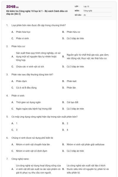Đề kiểm tra Công nghệ 10 học kì 1 - Bộ sách Cánh diều có đáp án (Đề 2)