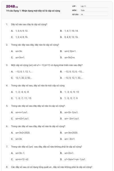 14 câu Dạng 1: Nhận dạng một dãy số là cấp số cộng