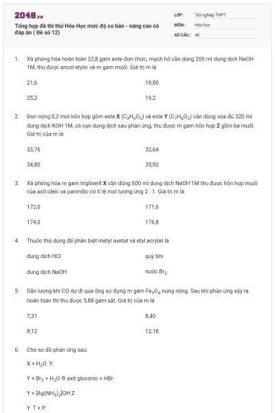 Tổng hợp đề thi thử Hóa Học mức độ cơ bản - nâng cao có đáp án ( Đề số 12)
