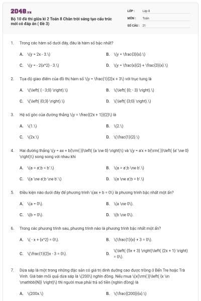 Bộ 10 đề thi giữa kì 2 Toán 8 Chân trời sáng tạo cấu trúc mới có đáp án ( Đề 3)