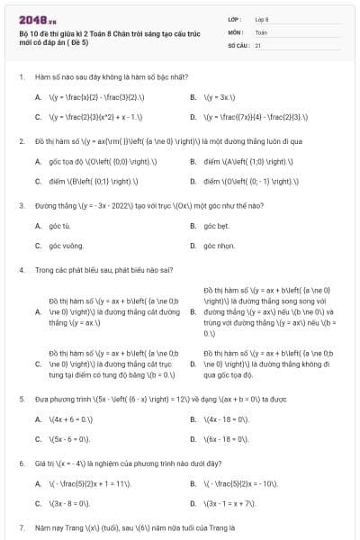 Bộ 10 đề thi giữa kì 2 Toán 8 Chân trời sáng tạo cấu trúc mới có đáp án ( Đề 5)