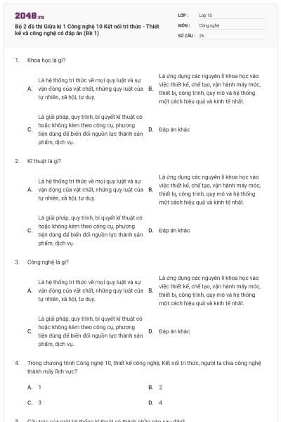 Bộ 2 đề thi Giữa kì 1 Công nghệ 10 Kết nối tri thức - Thiết kế và công nghệ có đáp án (Đề 1)
