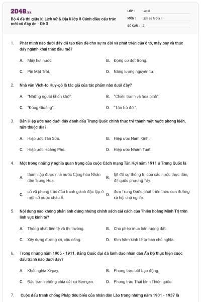 Bộ 4 đề thi giữa kì Lịch sử & Địa lí lớp 8 Cánh diều cấu trúc mới có đáp án - Đề 3