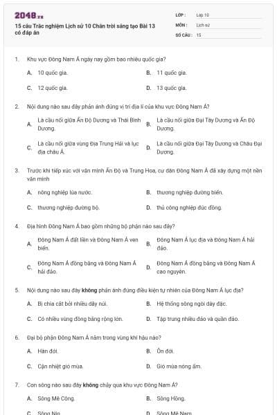 15 câu Trắc nghiệm Lịch sử 10 Chân trời sáng tạo Bài 13 có đáp án