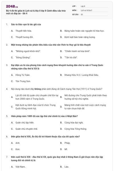 Bộ 4 đề thi giữa kì Lịch sử & Địa lí lớp 8 Cánh diều cấu trúc mới có đáp án - Đề 4