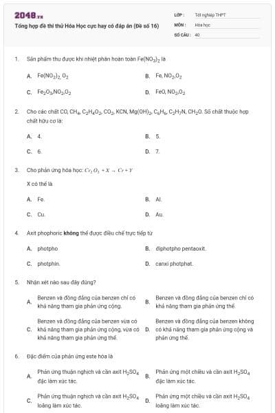 Tổng hợp đề thi thử Hóa Học cực hay có đáp án (Đề số 16)