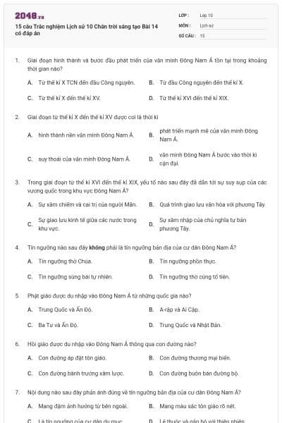 15 câu Trắc nghiệm Lịch sử 10 Chân trời sáng tạo Bài 14 có đáp án