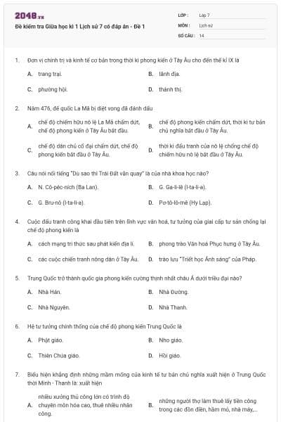 Đề kiểm tra Giữa học kì 1 Lịch sử 7 có đáp án - Đề 1