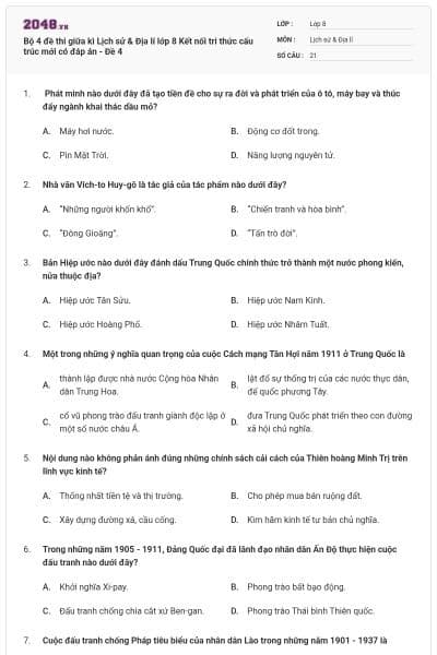 Bộ 4 đề thi giữa kì Lịch sử & Địa lí lớp 8 Kết nối tri thức cấu trúc mới có đáp án - Đề 4