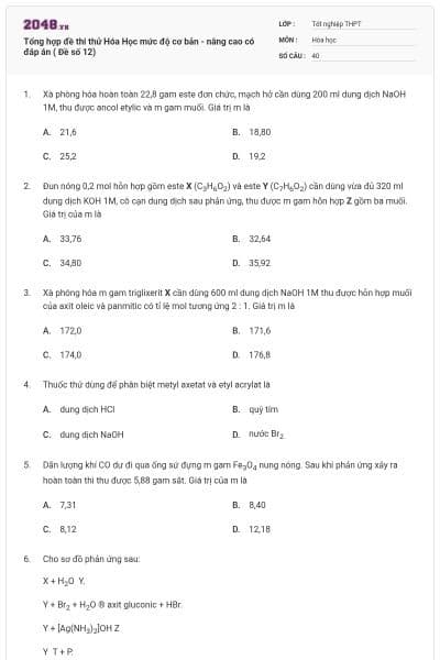 Tổng hợp đề thi thử Hóa Học mức độ cơ bản - nâng cao có đáp án ( Đề số 12)