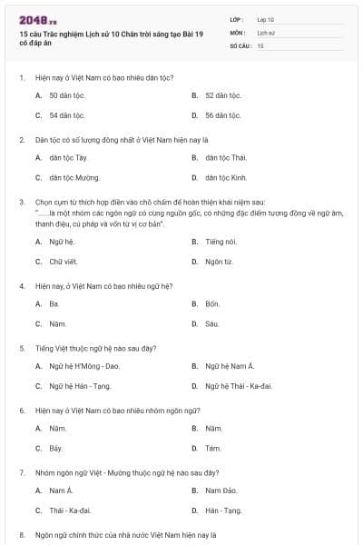 15 câu Trắc nghiệm Lịch sử 10 Chân trời sáng tạo Bài 19 có đáp án