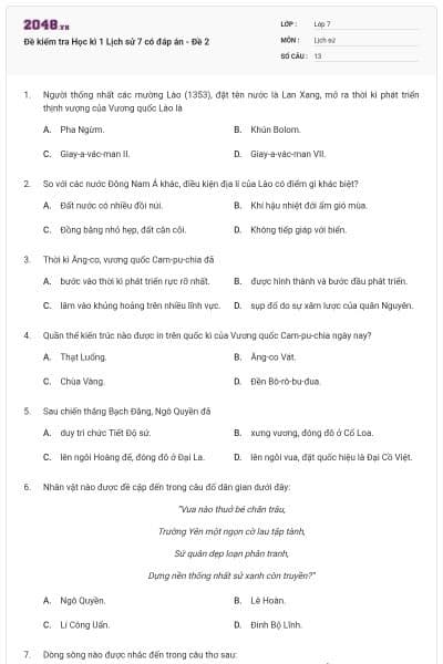 Đề kiểm tra Học kì 1 Lịch sử 7 có đáp án - Đề 2