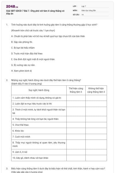 Giải SBT GDCD 7 Bài 7. Ứng phó với tâm lí căng thẳng có đáp án