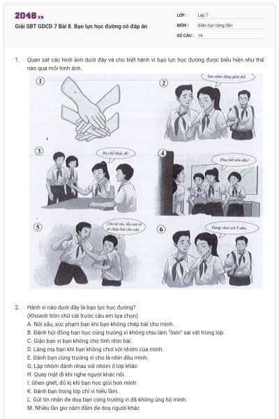 Giải SBT GDCD 7 Bài 8. Bạo lực học đường có đáp án