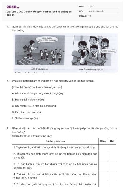 Giải SBT GDCD 7 Bài 9. Ứng phó với bạo lực học đường có đáp án