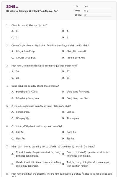 Đề kiểm tra Giữa học kì 1 Địa lí 7 có đáp án - Đề 1