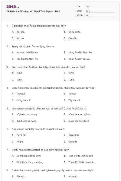 Đề kiểm tra Giữa học kì 1 Địa lí 7 có đáp án - Đề 2