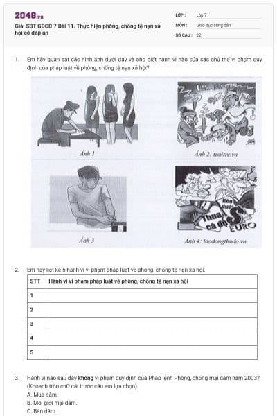 Giải SBT GDCD 7 Bài 11. Thực hiện phòng, chống tệ nạn xã hội có đáp án