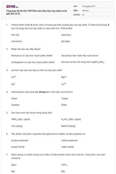 Tổng hợp đề thi thử THPTQG môn Hóa Học hay nhất có lời giải (Đề số 9)