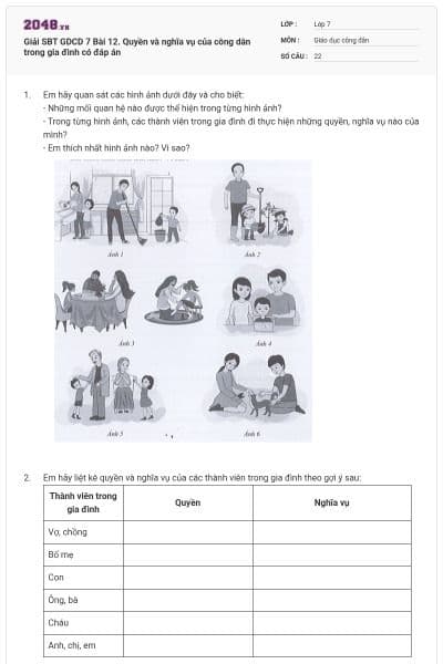 Giải SBT GDCD 7 Bài 12. Quyền và nghĩa vụ của công dân trong gia đình có đáp án