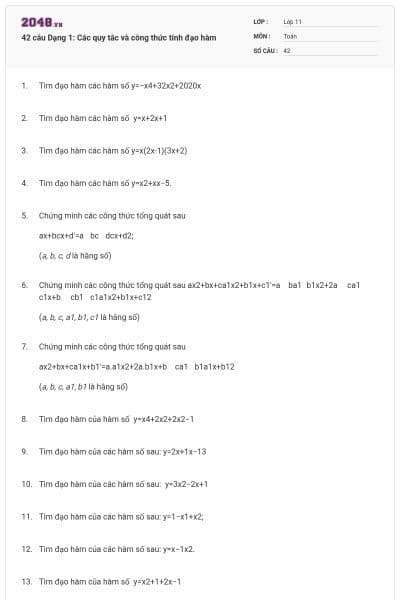 42 câu Dạng 1: Các quy tắc và công thức tính đạo hàm