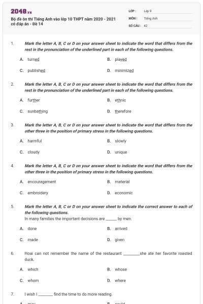 Bộ đề ôn thi Tiếng Anh vào lớp 10 THPT năm 2020 - 2021 có đáp án - Đề 14