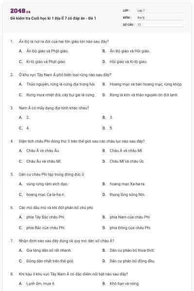Đề kiểm tra Cuối học kì 1 Địa lÍ 7 có đáp án - Đề 1