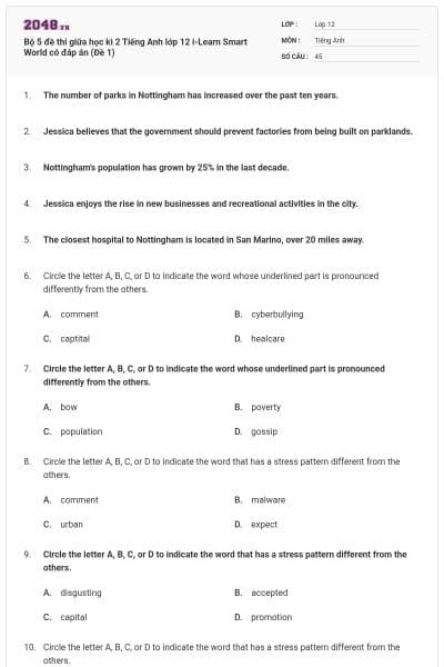 Bộ 5 đề thi giữa học kì 2 Tiếng Anh lớp 12 i-Learn Smart World có đáp án (Đề 1)