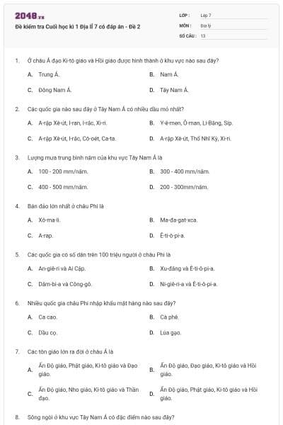 Đề kiểm tra Cuối học kì 1 Địa lÍ 7 có đáp án - Đề 2