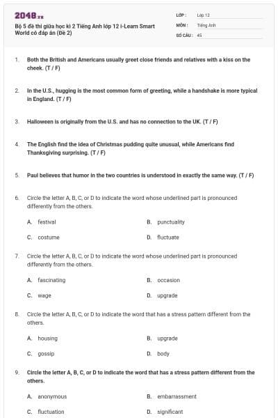 Bộ 5 đề thi giữa học kì 2 Tiếng Anh lớp 12 i-Learn Smart World có đáp án (Đề 2)