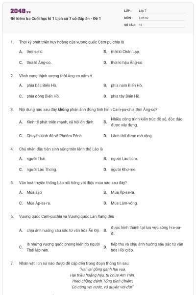 Đề kiểm tra Cuối học kì 1 Lịch sử 7 có đáp án - Đề 1