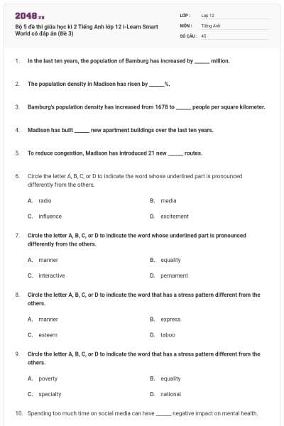 Bộ 5 đề thi giữa học kì 2 Tiếng Anh lớp 12 i-Learn Smart World có đáp án (Đề 3)