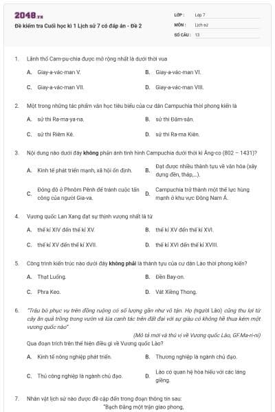 Đề kiểm tra Cuối học kì 1 Lịch sử 7 có đáp án - Đề 2