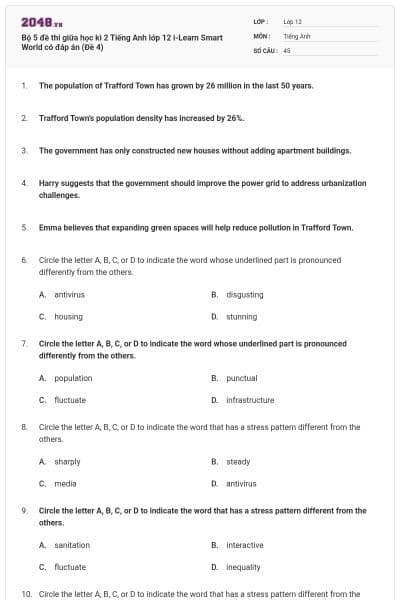 Bộ 5 đề thi giữa học kì 2 Tiếng Anh lớp 12 i-Learn Smart World có đáp án (Đề 4)