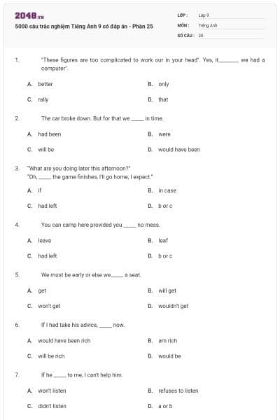 5000 câu trắc nghiệm Tiếng Anh 9 có đáp án - Phần 25