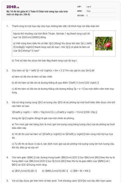 Bộ 10 đề thi giữa kì 2 Toán 8 Chân trời sáng tạo cấu trúc mới có đáp án ( Đề 6)