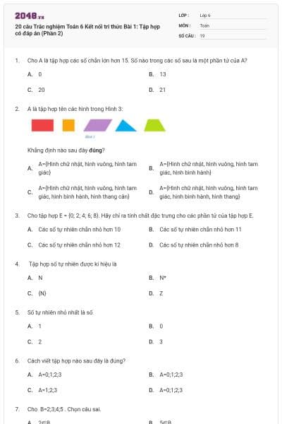 20 câu Trắc nghiệm Toán 6 Kết nối tri thức Bài 1: Tập hợp có đáp án (Phần 2)