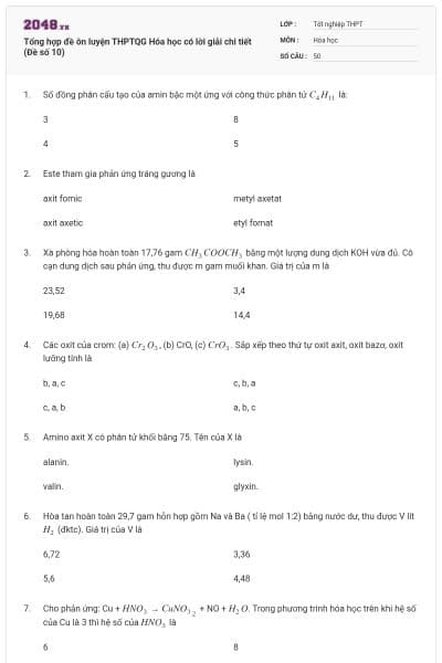Tổng hợp đề ôn luyện THPTQG Hóa học có lời giải chi tiết (Đề số 10)
