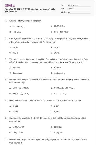 Tổng hợp đề thi thử THPTQG môn Hóa Học hay nhất có lời giải (Đề số 8)