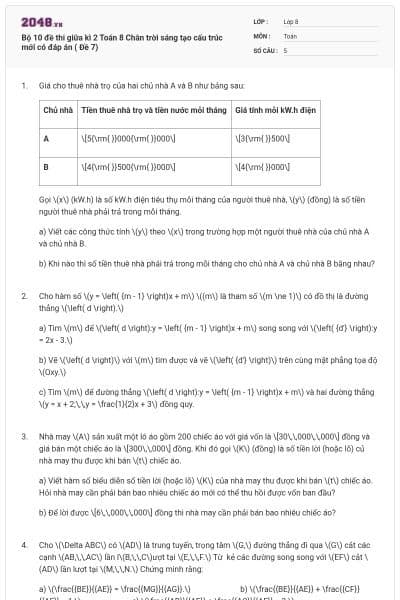 Bộ 10 đề thi giữa kì 2 Toán 8 Chân trời sáng tạo cấu trúc mới có đáp án ( Đề 7)