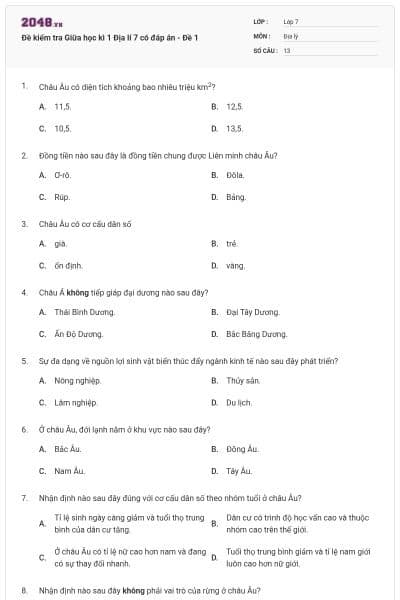 Đề kiểm tra Giữa học kì 1 Địa lí 7 có đáp án - Đề 1